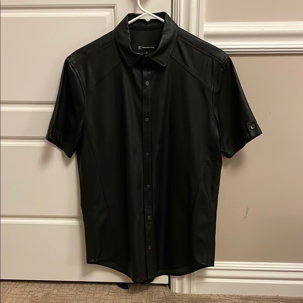 Men's Faux Leather Black Short Sleeve Shirt